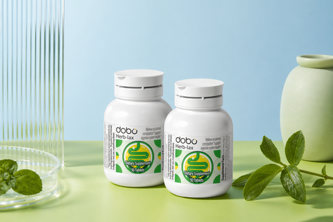 Two white bottles labeled 'dobo' on a green surface with a light blue background